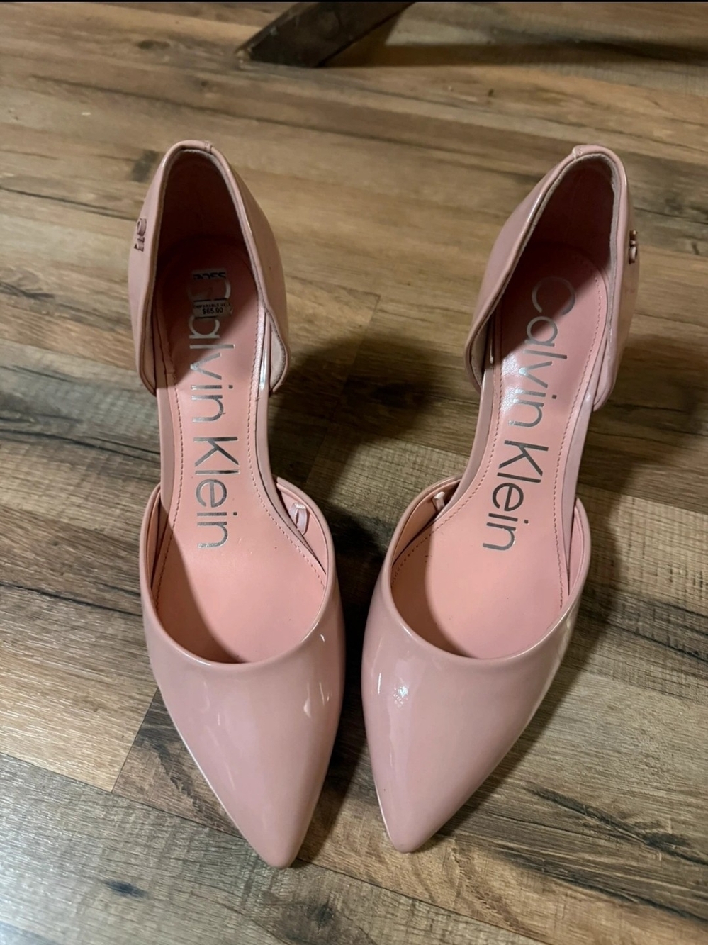 the Calvin Klein Gloria patent leather D'Orsay pumps in soft blush pink US6.5